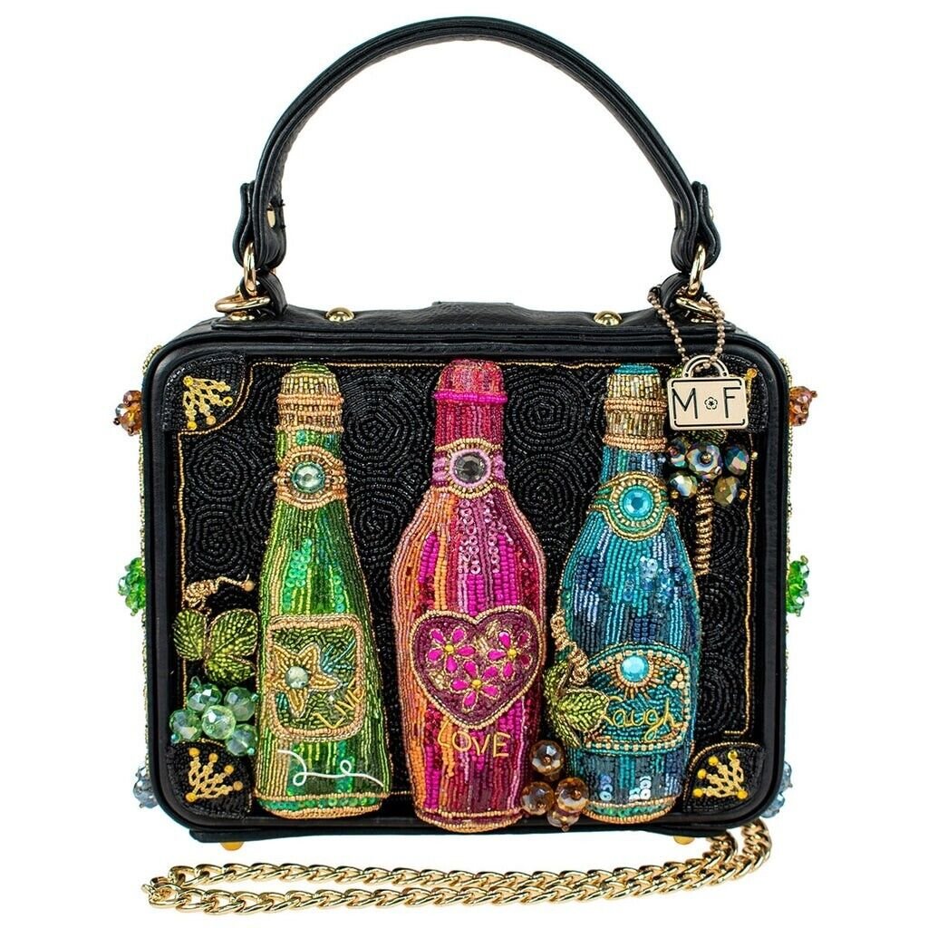 Mary Frances In The Spirit Top Handle Handbag Bottles Drink Beaded Black Bag New